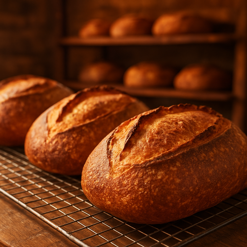 Freshly baked sourdough loaves cooling on wire racks inside Southern Cross Bakehouse