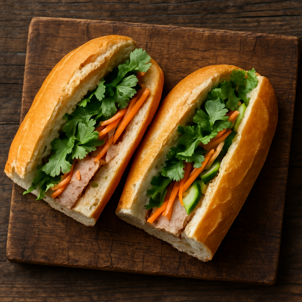 Vietnamese bánh mì sandwich cut in half on a rustic wooden board