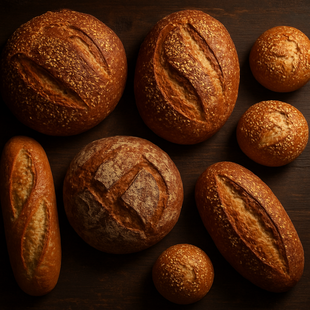 Assortment of freshly baked artisan bread loaves and rolls on a wooden board