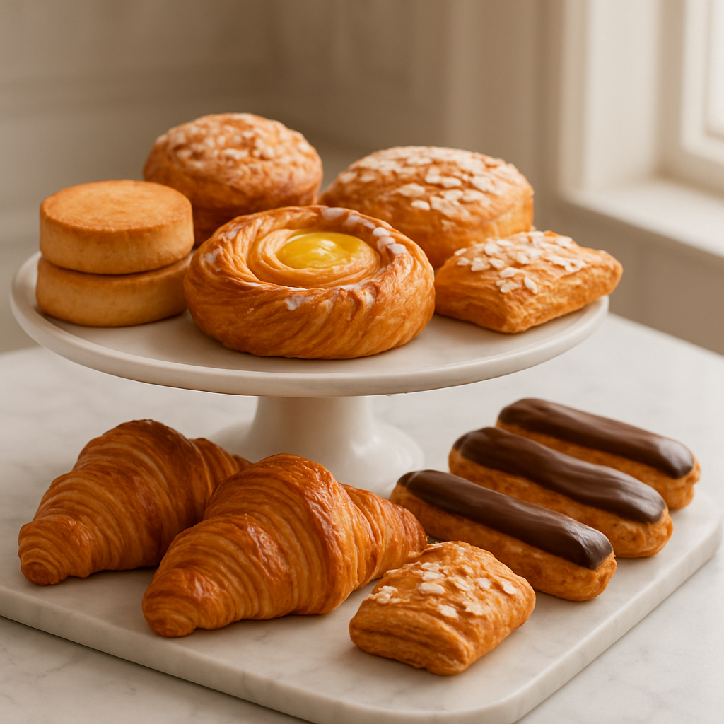 Display of freshly baked cakes, croissants, and pastries on a cake stand
