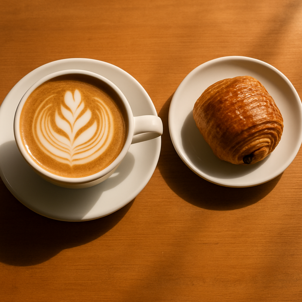 Freshly made flat white coffee with latte art in a white ceramic cup