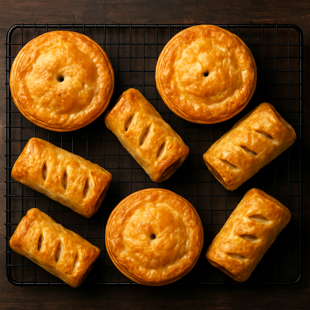 Golden baked meat pies and sausage rolls cooling on a wire rack